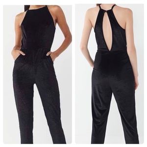 Urban Outfitters Jumpsuit UO Naomi Black Velvet Halter Open Back Jumpsui…